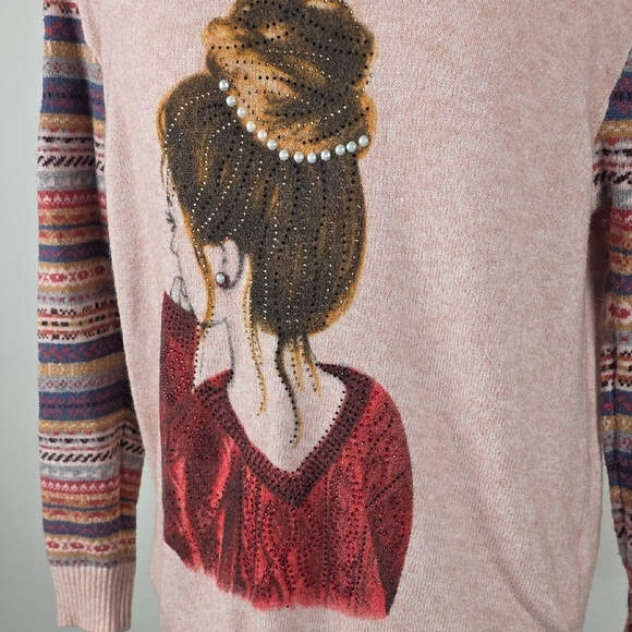 Ness pink women’s sweater graphic girl motif – size L – cozy knit - Picture 2 of 8